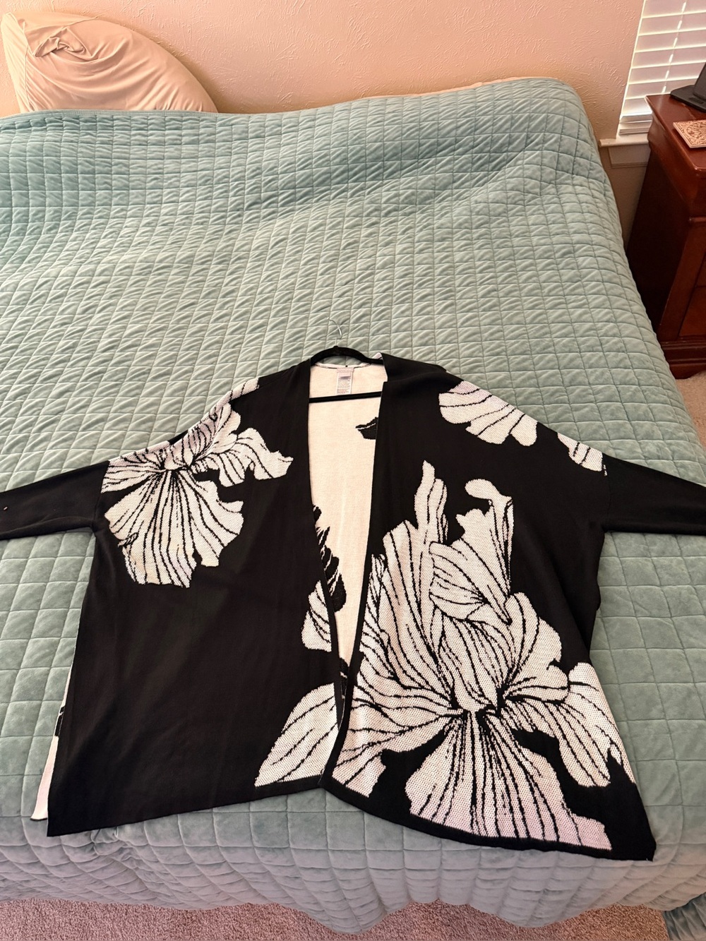 Chico's Black and White Floral Open Cardigan